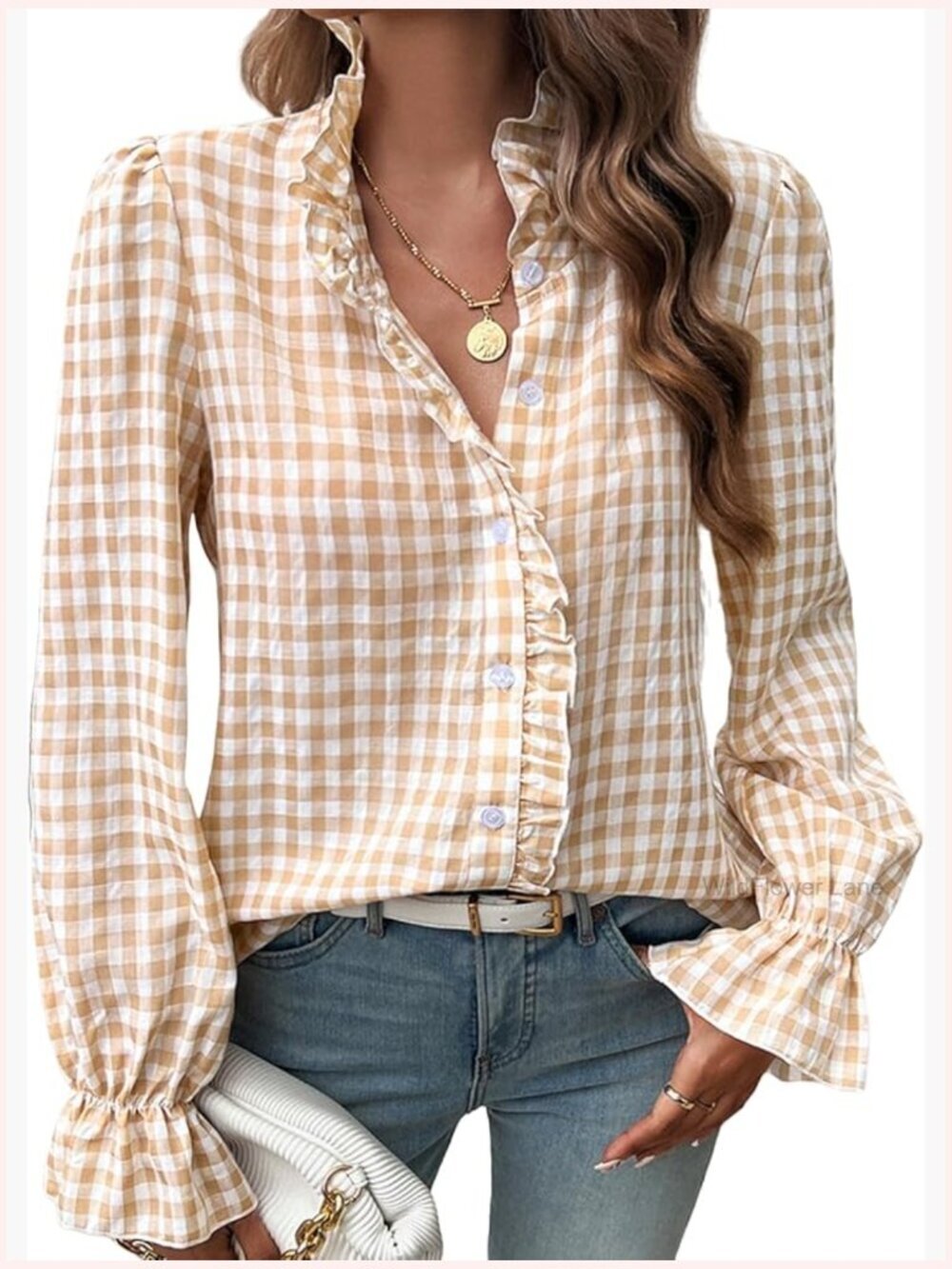 Women's Plaid Ruffle Neck Long Sleeve Blouse Button Down Top